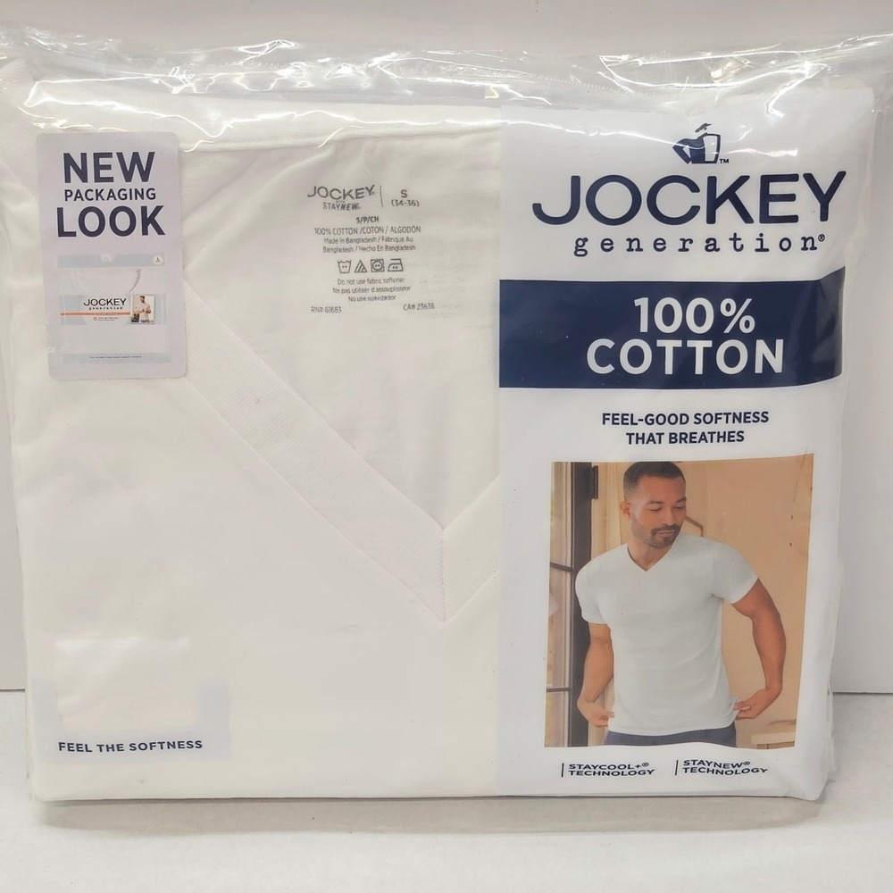 Jockey‎ Generation Mens Staycool Staynew V Neck T Shirt White 100% Cotton Size S